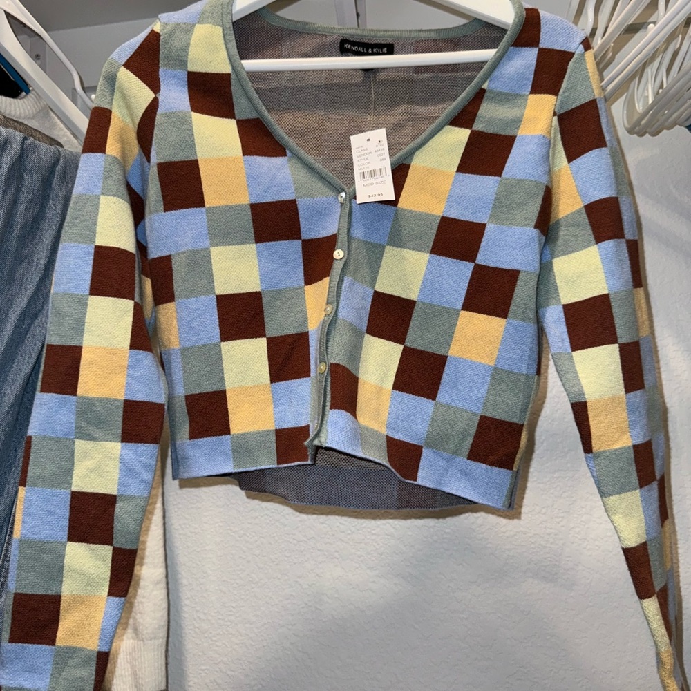 Checkered V-Neck Cardigan - Multicolor